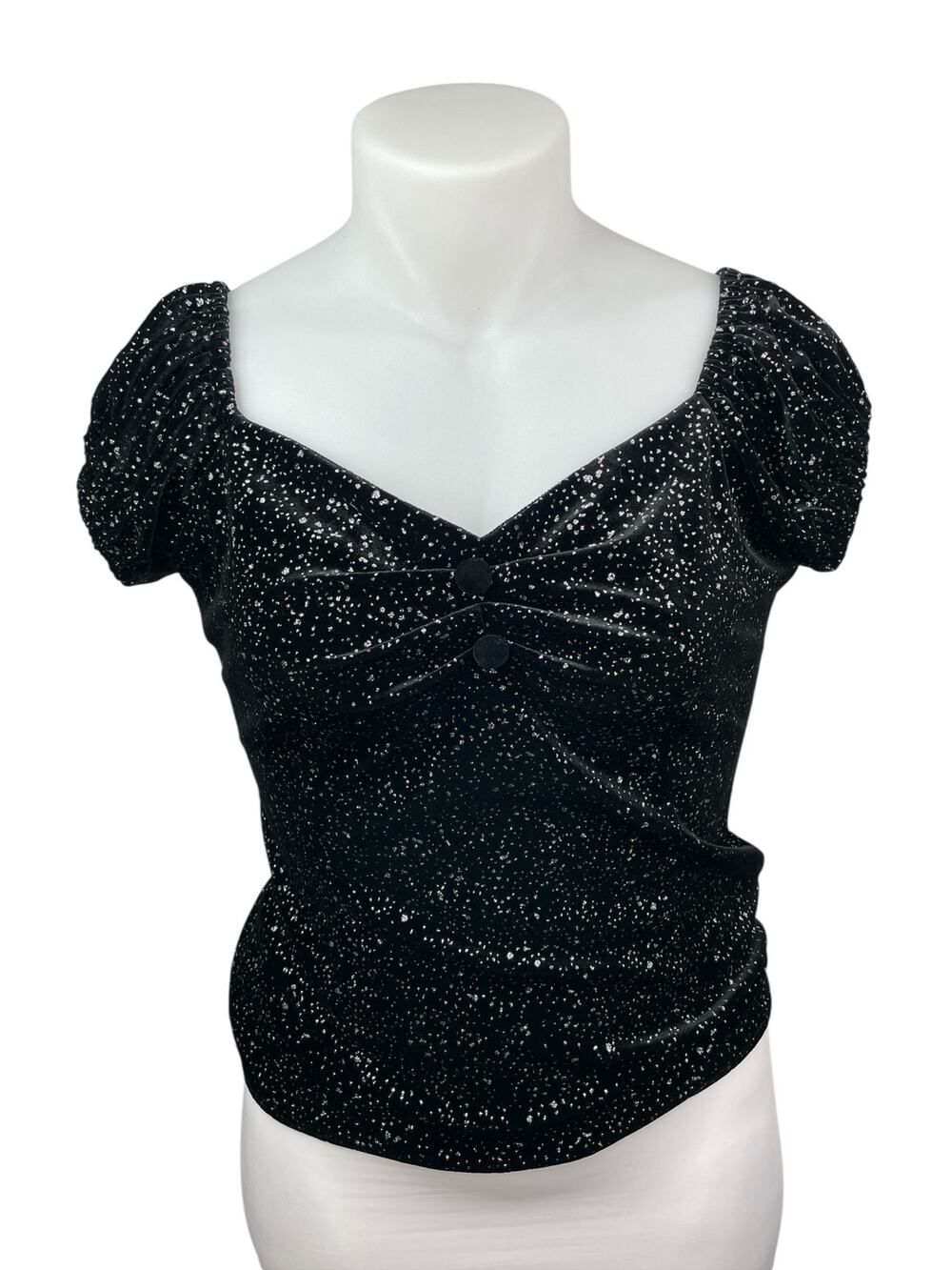 NEW Collectif Black Glitter Velvet Velour Short Sleeve Shirt Blouse Top Size 12